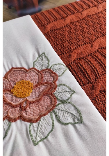 Triko Örme Battaniye Takımı-nakışlı Yatak Seti-tivoli Rosetta Kiremit