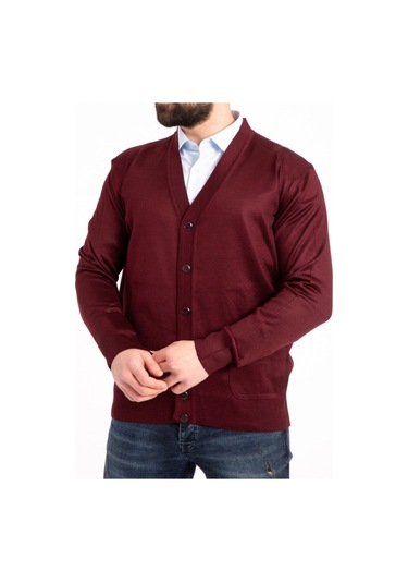 Nacar Store Erkek Düğmeli Ince Yün Triko Örme Baba Hırka Bordo