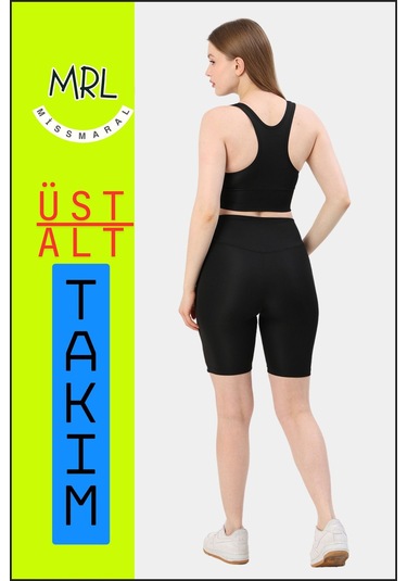 Kadın Siyah Takım Alt-üst Kısa Şort-tayt Ve Pedli Sporcu Büstiyer 2li Set Haki Renk Biyeli Elt3043 Siyah Haki