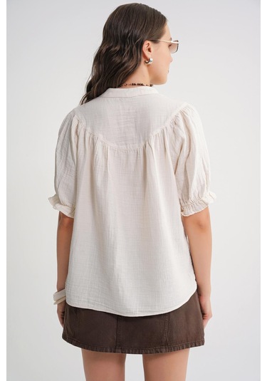 4725 Kadın Büzgü Robalı Kolu Fırfırlı Müslin Gömlek Naturel Naturel