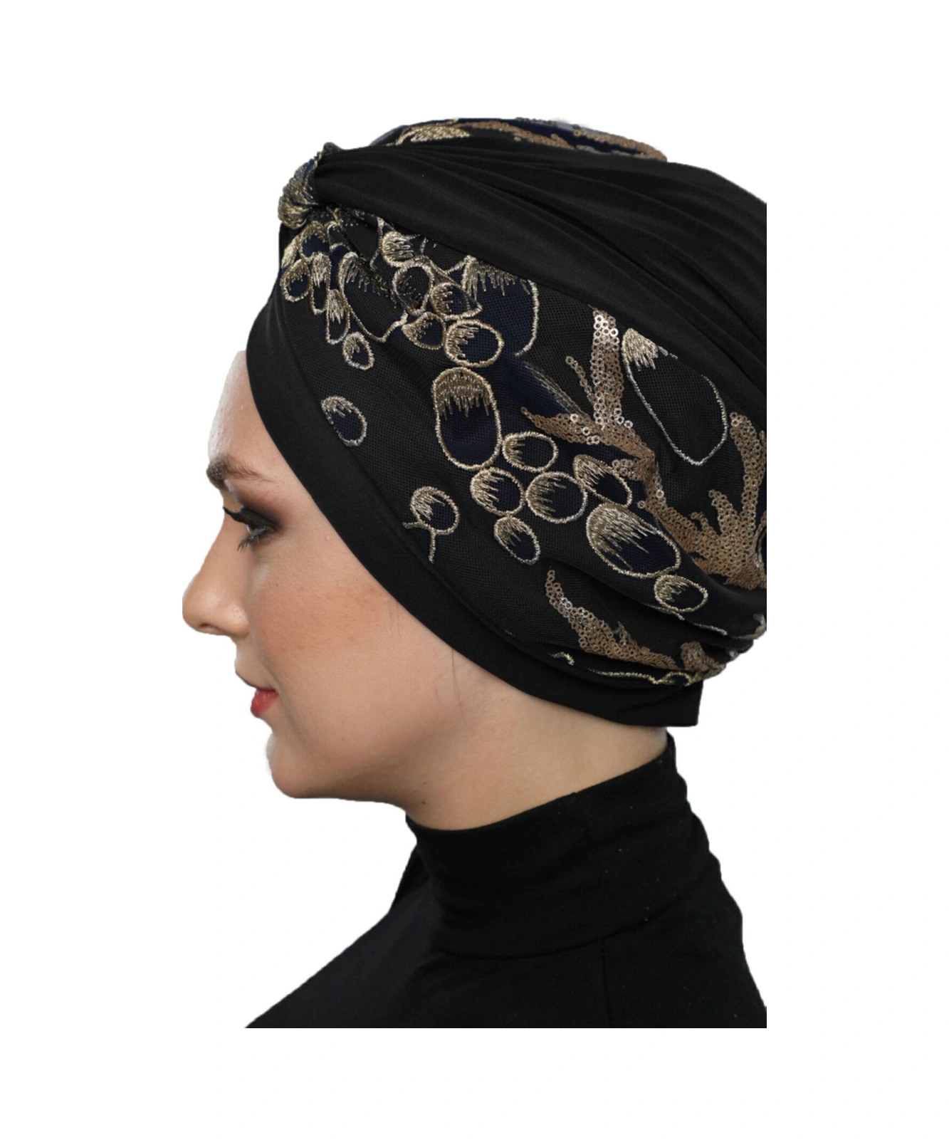 Özel Tasarım Siyah Üzeri Bej Nakışlı Oval Desenli Astarlı Hazır Türban Tesettür Abiye Bone Siyah23