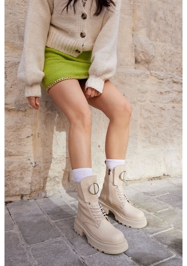 Rayssa Bej Hakiki Deri Kadın Bot Bej