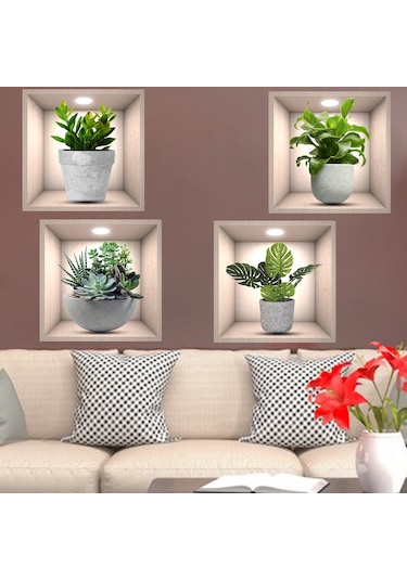 Tenfowee 3d Yeşil Bitki Desenli 30x30cm Vinyl Duvar Sticker - Su Geçirmez, Kolay Uygulama, Çoklu Yüzey Uyumlu, 4 Adet, Dekoratif Bahçe Desenli Duvar Sticker Çok Renkli