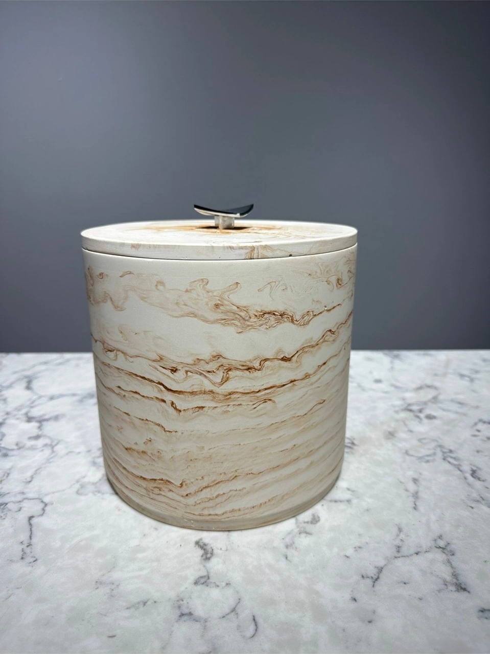 Mermer Desenli Beton Çöp Kovası Banyo Mutfak Tuvalet Wc 18 Cm 4 Litre Bej