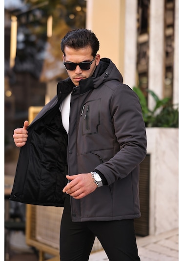 Gri Su Ve Rüzgar Geçirmez Içi Kürklü Softshell Mont Gri