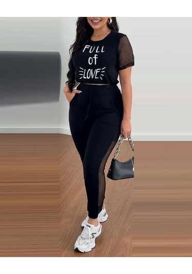 Modaserdem Kadın Kısa Kollu Bisiklet Yaka File Detaylı Viskon Iki Iplik Krop Ve Eşofman Altı Ikili Takım Siyah