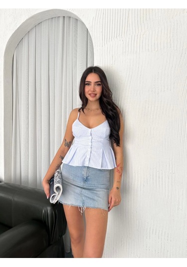 Askılı Dekolte Deraylı Crop - Açık Mavi Karışık