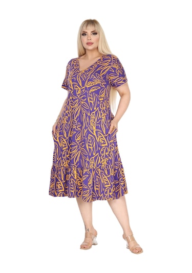Melsay Butik Göğüsten Robalı V Yaka Kısa Kollu Mor Yaprak Desen Cepli Elbise Mor