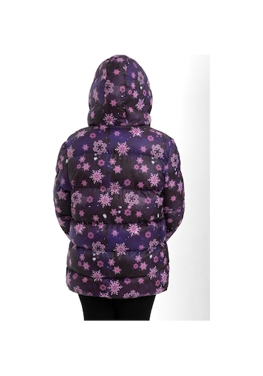 Kız Çocuk Mor Kar Tanesi Desen İçi Polar Su Ve Rüzgar Geçirmez Kapüşonlu Cepli Şişme Kışlık Mont Mor