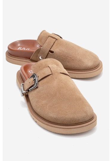 Vesta Toprak Süet Tokalı Hakiki Deri Kadın Burnu Kapalı Terlik Toprak