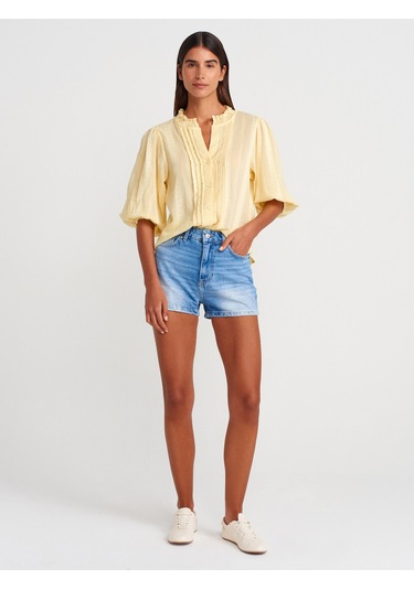 Dilvin 5807 Nervür Detaylı Balon Kol Gömlek-açık Sarı Açık Sarı