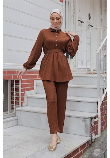 Taş Düğme Detaylı Takım Kahverengi Kahverengi