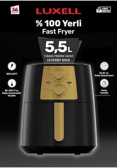 Luxell Lx-Fc5937 Air Fryer 5,5 L Fast Fryer Xl Fritöz-Black Gold