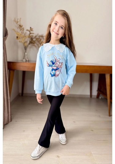 Yaka Detaylı Stitch Desenli Mavi Renk Kız Çocuk Takım Mavi