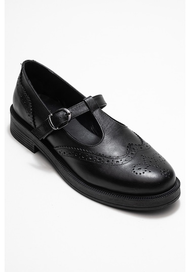 Janney Siyah Cilt Hakiki Deri Bantlı Kadın Loafer Ayakkabı SİYAH CİLT