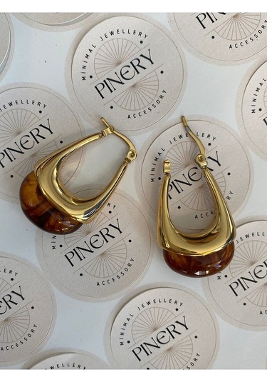 Vintage Kahverengi Taşlı Sallantılı Oval Paslanmaz Çelik Kadın Kü Altın