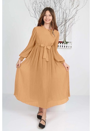 Kız Çocuk Uzun Boydan Pliseli Şifon Elbise Açık Kahve
