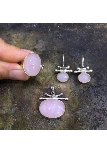 Pembe Kuvars Taşlı Gümüş Set 925 Ayar Takı