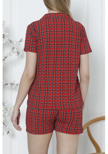 Kadın Düğmeli Şortlu Pijama Takımı Ekoseli Pamuklu Likralı Cepli Kırmızı Nıc1077 R02 Kırmızı