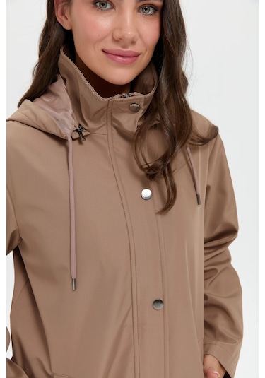 Desen Triko Kadın Kapüşonlu Yan Cepli Kısa Trençkot 24417 Vizon Vizon