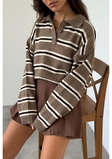 Vizon Polo Yaka Çizgili Kadın Triko Kazak Mg2469 Vizon