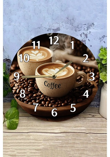 Sessiz Yuvarlak Ahşap Duvar Saati, Kuvars Coffe Desen 2d Sdw2015 Renkli