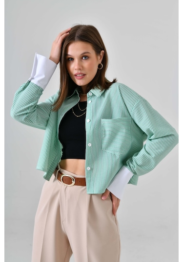 Saade Yeşil Çizgili Crop Gömlek Mavi