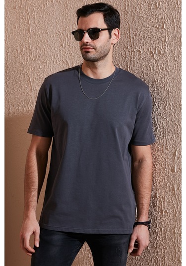 Buratti Pamuklu Relaxed Fit Sıfır Yaka Erkek T Shirt 5905446 Koyu Antrasit