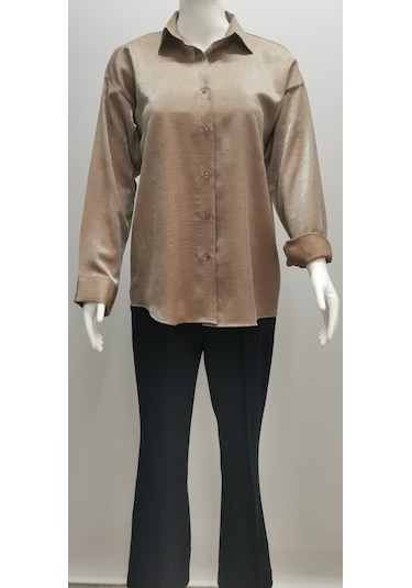 Kadın Uzun Kollu Düğmeli Salaş Parlak Dokuma Kumaş Kahve Rengi Kahverengi