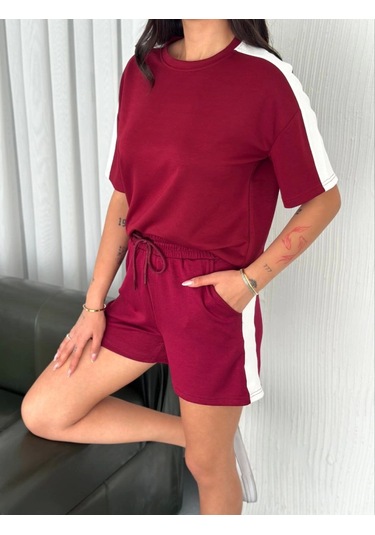 Osy Modal Yumuşak Dokulu Kumaş Parçalı Bisiklet Yaka T-shirt Kısa Şort İkili Takım - Bordo Bordo