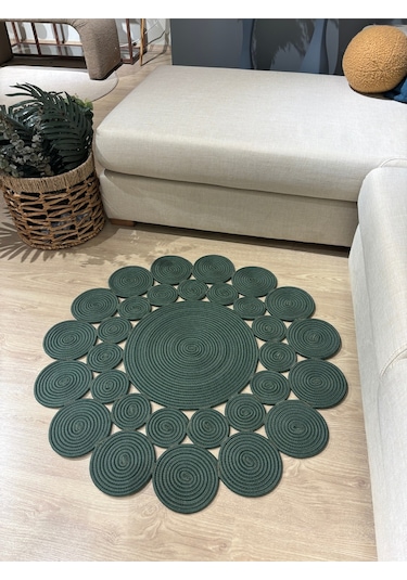 Mavaux Hasır Jüt Çiçek Desenli Kilim Halı Yeşil