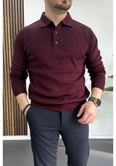 Erkek Düğmeli Polo Yaka Kazak Bordo Edw231 Bordo