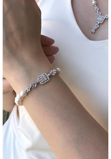 7,5 Mm Kadın Baget Kesim Doğal İnci Küpe Kolye Bileklik Yüzük Dörtlü Set 10 Gümüş