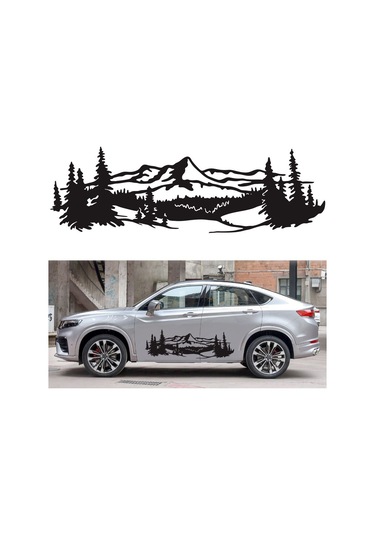 Ranyeek D-957 Pvc Araba Stickerleri, Dağ-ağaç Desenli Siyah Vinyil, Karbonlu Kaplama, 150x50cm 2 Adet, Kolay Kurulum-çıkarma