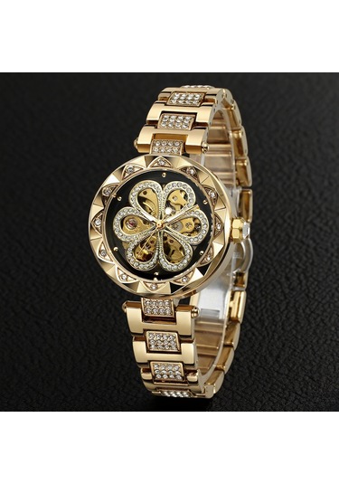 Vkemall Kadınlar İçin Otomatik Mekanik Saat, Gümüş Çelik Kordon, 30m Su Geçirmez, 33mm Taşlı Açık Desenli Siyah-altın Yüz Gold