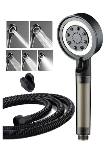 Siyah Filtreli 5 Fonksiyon Çelik El Duşu Siyah Duş Hortumu Mafsal Siyah