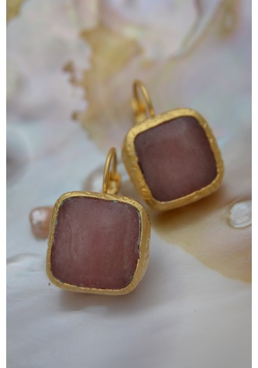 Stoneage Pembe Kuvars El Yapimi Küpe Altın