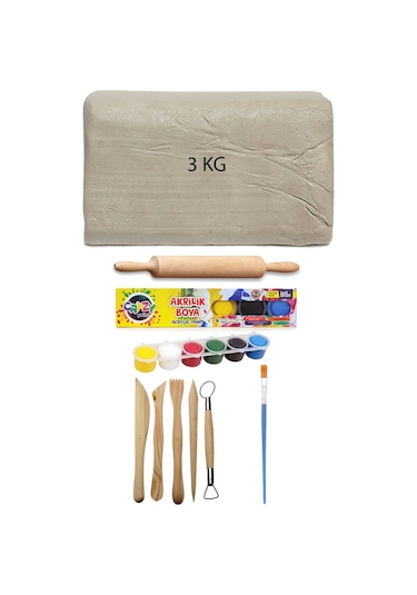 Seramik Hamuru 3 Kg Ebeşuar 6x15 Ml Akrilik Merdane Kil Çamur Set