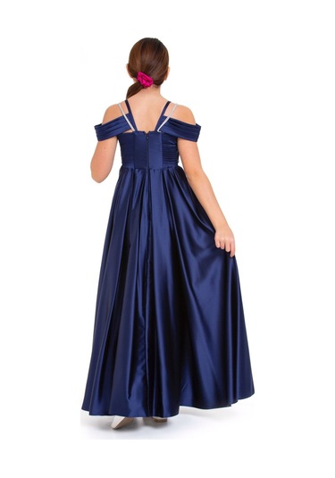 Kız Çocuk Omuz Açık, Taş Detaylı, Uzun Model Lacivert Saten Abiye Elbise Lacivert