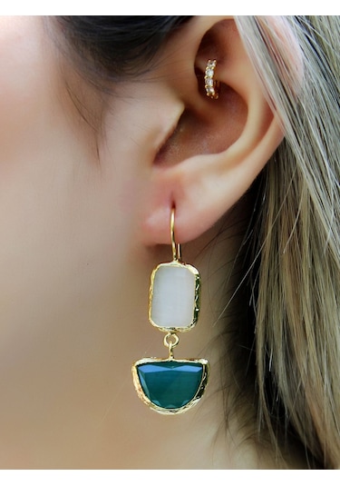 İkili Model Kedigözü Cam Sallantılı Kadın Küpe Euku26y Yeşil