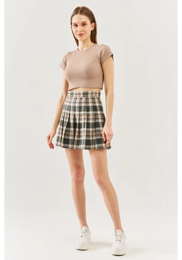 Kadın Kısa Kol Bisiklet Yaka Vücuda Oturan %100 Pamuklu Kaşkorse Esnek Crop Bluz Açık Kahve