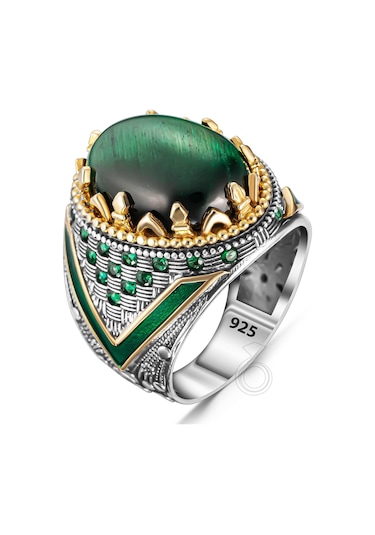 925 Ayar Gümüş Yeşil Kaptan Gözü Taşlı Mineli Erkek Yüzük Gümüş