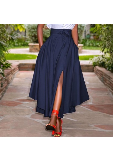 Zanzea Bayan Yaz Yüksek Bel A Hattı Yırtmaçlı Etek Cepli Lacivert
