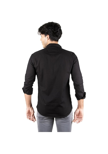 Deepsea Erkek Siyah Hakim Yaka Flamlı Keten Gömlek Siyah
