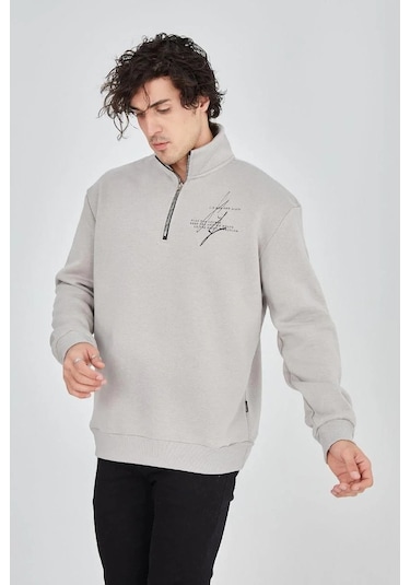 Erkek Yarım Fermuarlı Baskılı 3 İplik Pamuklu Sweatshirt - Boyalı Gri Gri