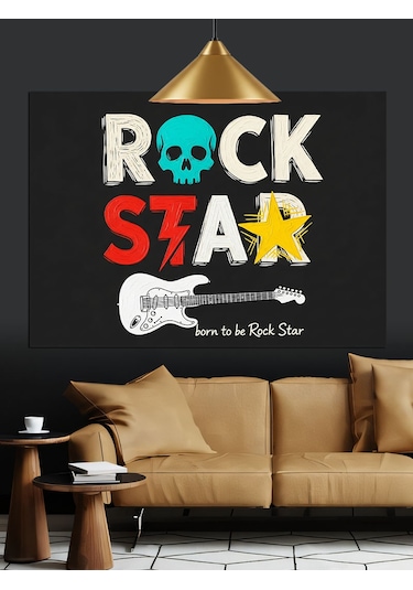 "rock Star" Afişi Ve Gitar Dekoratif Kanvas - Mdf Ahşap Tablo