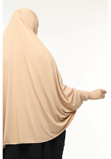 Kollu Sufle Çarşaf Üstü Peçeli Pratik Tesettür Hijab - Nikaplı Namaz Örtüsü Koyu Bej