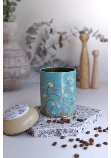 Flora Blue Desenli Yuvarlak Metal Saklama Kabı, 9 X 11 Cm, 0,6 Lt Desenli