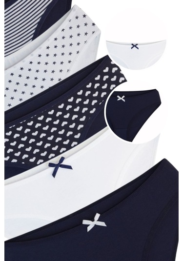 Alya Underwear Kız Çocuk Kalpli Dokuma Lastik Pamuklu Kumaş Slip Külot 5'li Paket 5 Adet Beyaz Lacivert P21