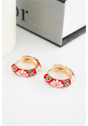 Kadın Özel Seri Mineli Çiçek Motifli Kararmaz 2 Cm Halka Küpe Seti - Kırmızı